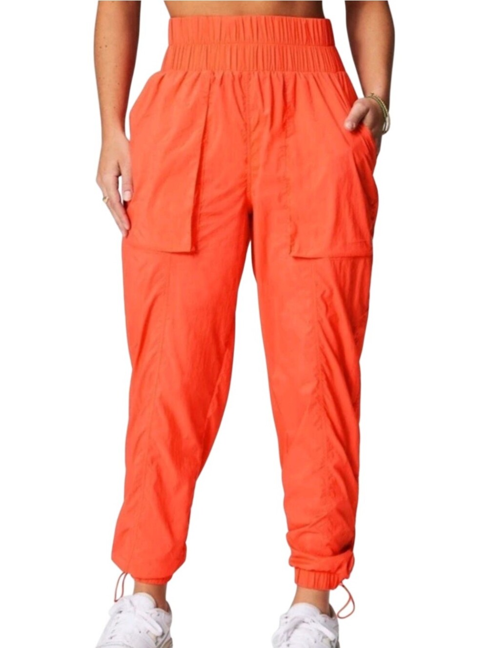 Fabletics Womens Orange Silver Ultra High-Waisted Piped Nylon Trousers Size XL